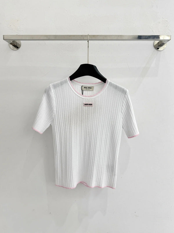 Miumiu 2026 Pink-trimmed Knit Short-sleeved Top Tencel Nylon 179459