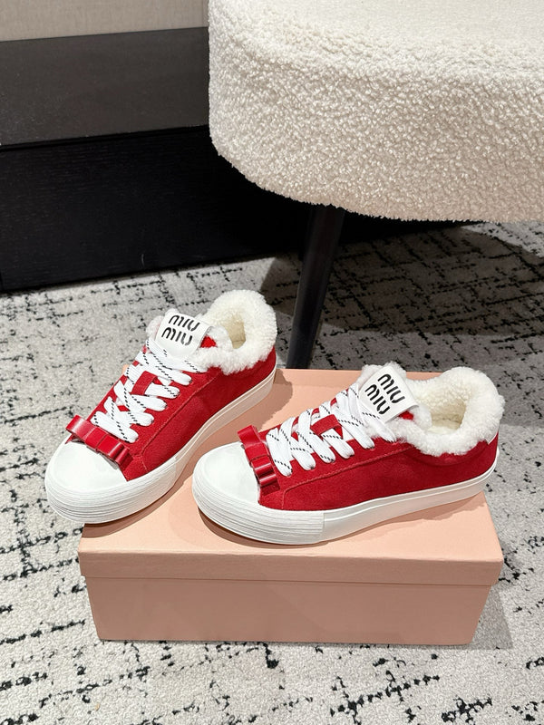 Miu 25 Small Bow Snealer Red White Suede Wool 541922