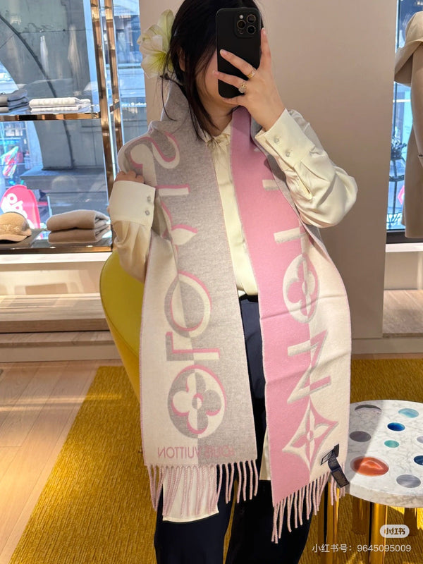 LV 25 Scarf 180cm Pink Gray Wool 293484