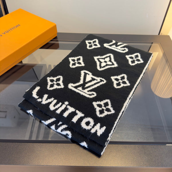 LV 25 Scarf 180cm Black White Wool 293457