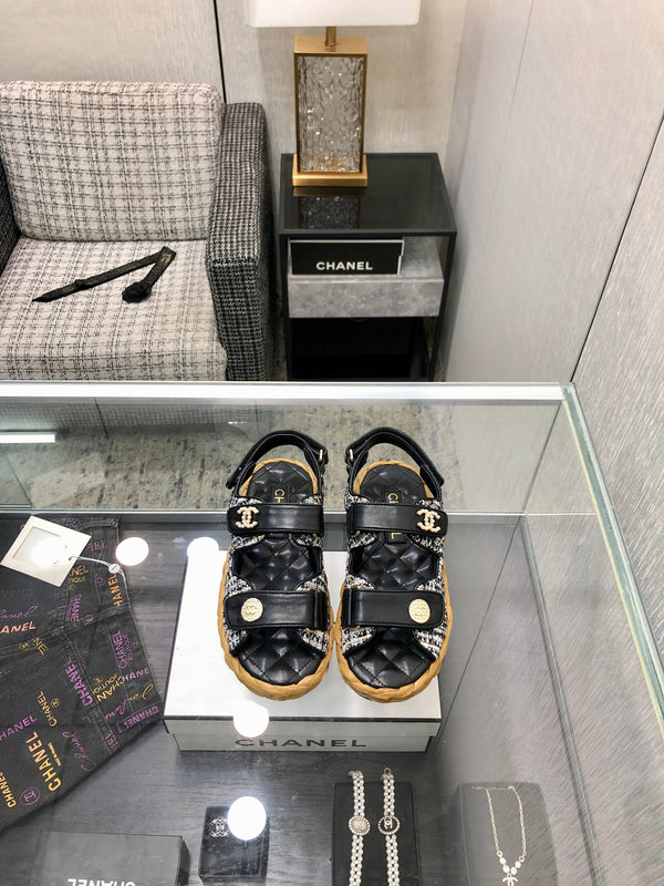 VELCRO SANDALS IN BLACK LAMBSKIN AND TWEED FABRIC