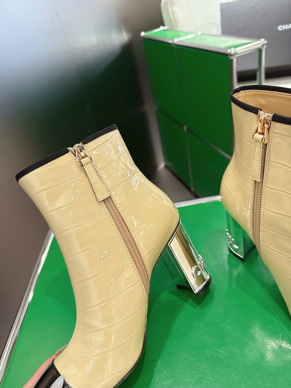 Chanel 2025ππ High Heeled Ankle Boots Light Beige & Black Glossy Leather 507545