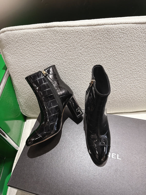 Chanel 2025ππ High Heeled Ankle Boots Black Glossy Leather 507547