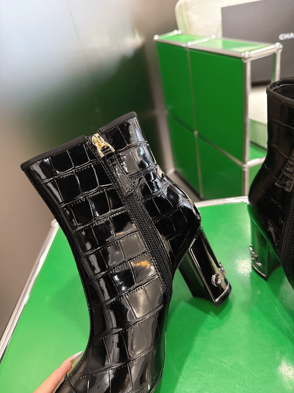 Chanel 2025ππ High Heeled Ankle Boots Black Glossy Leather 507547