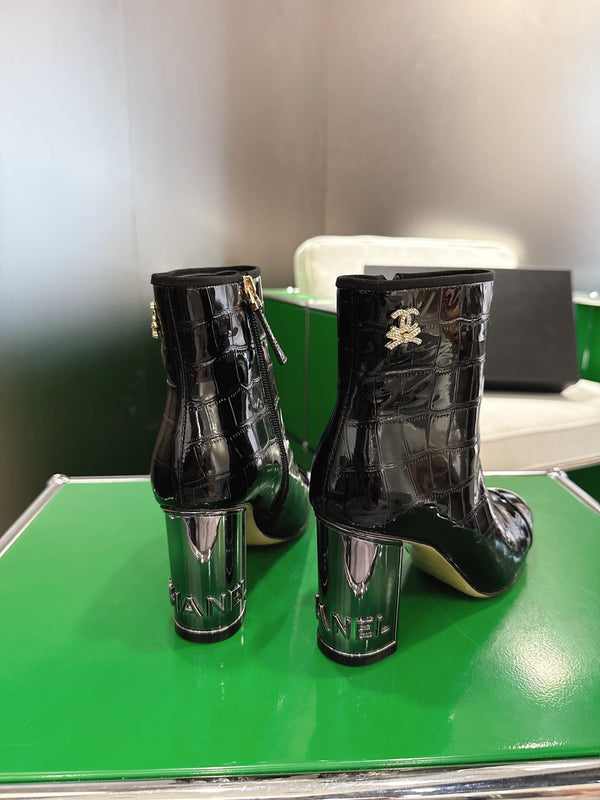 Chanel 2025ππ High Heeled Ankle Boots Black Glossy Leather 507547