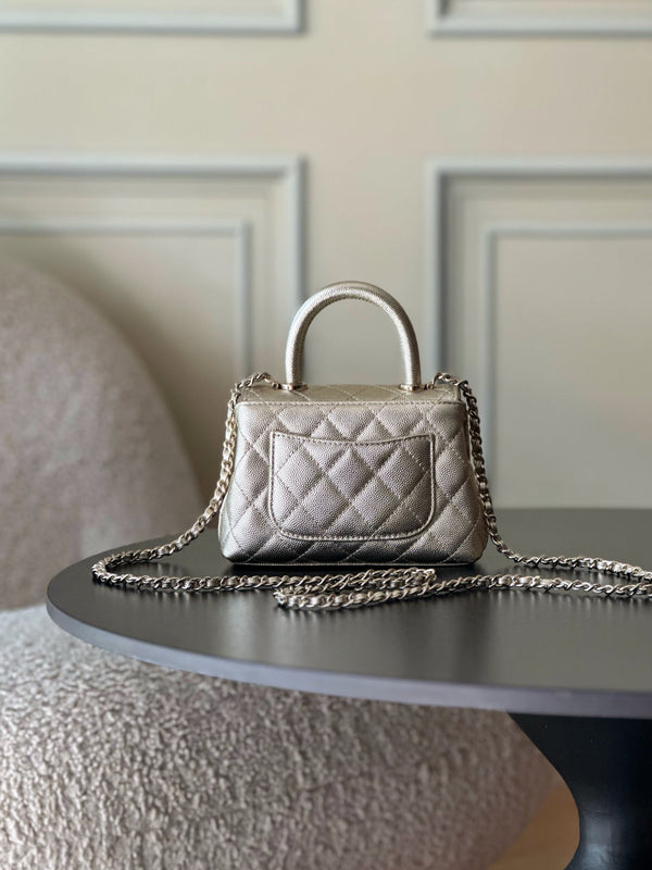CC 26s Mini Flap Bag 14.5cm with Top Handle Sliver Caviar Leather