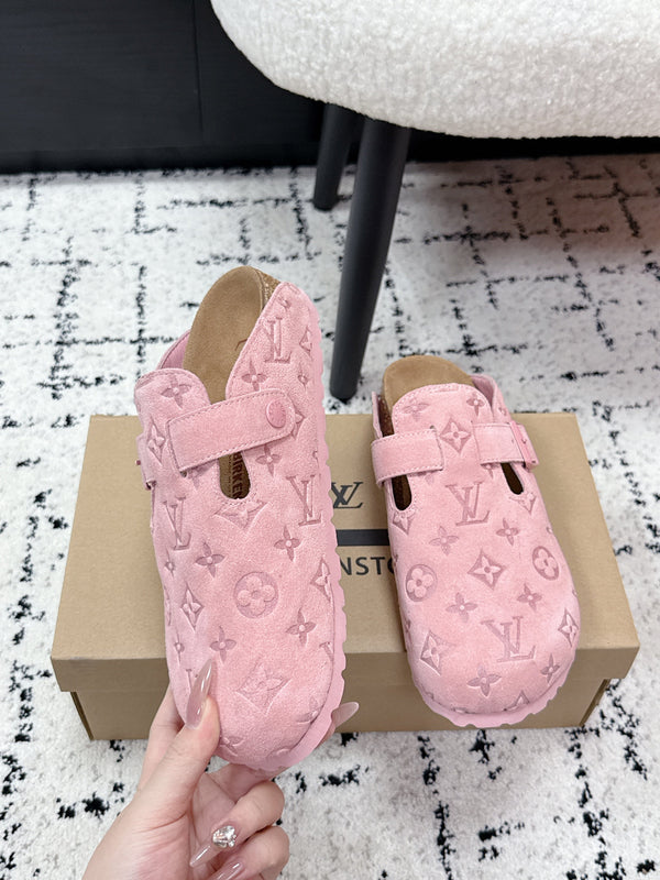LV Cosy Comfort Mules Pink Brown Monogram Suede 616985