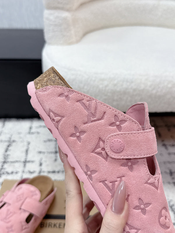 LV Cosy Comfort Mules Pink Brown Monogram Suede 616985