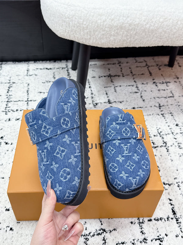 LV Cosy Comfort Mules Blue Monogram Denim 616996