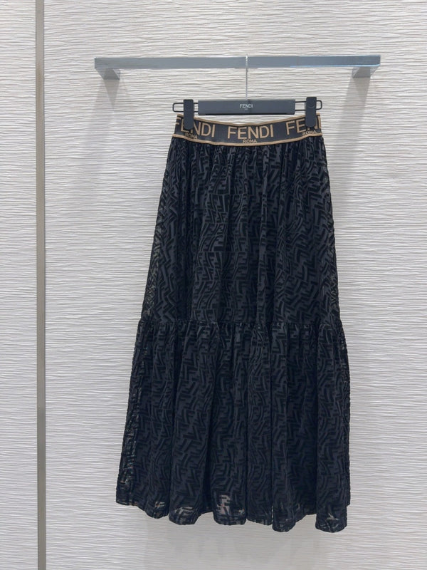Fendi 2025 Long Pleated Lace Dress Black Polyester