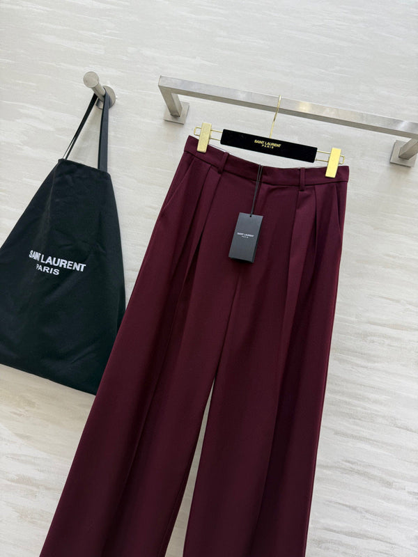YSL 26S Burgundy Pleated Wide Leg Trousers 428261