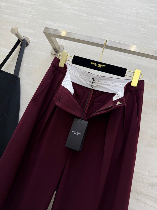 YSL 26S Burgundy Pleated Wide Leg Trousers 428261