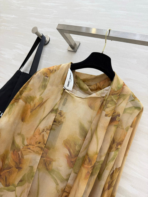 YSL Lavallière Leopard-Print Blouse Beige Silk 397064