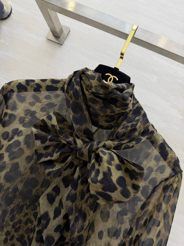 YSL Lavallière Leopard-Print Blouse Black Silk 397066