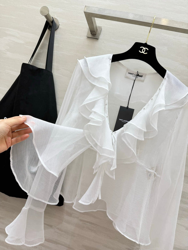 YSL 26s V-neck Ruffle Top White Mesh 396986