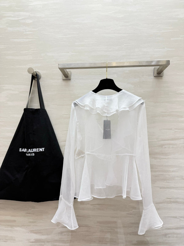 YSL 26s V-neck Ruffle Top White Mesh 396986