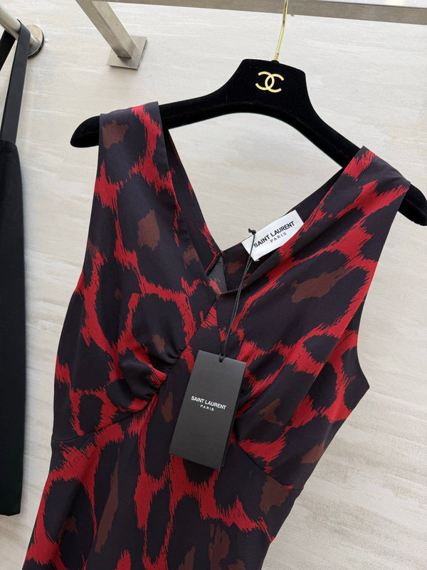 YSL 26s V-Neck Maxi Dress Black Red Silk 398892
