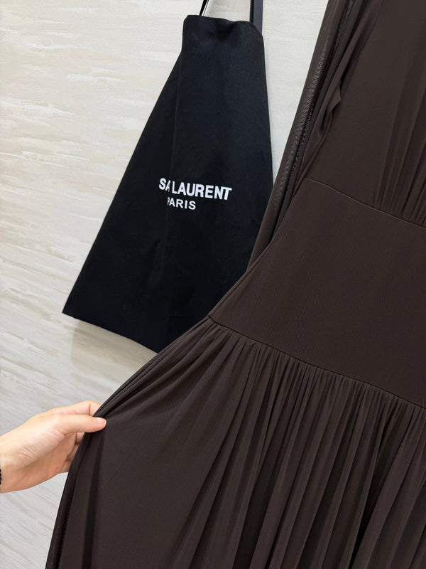 YSL 26S Pleated Silk Georgette Maxi Dress 428211