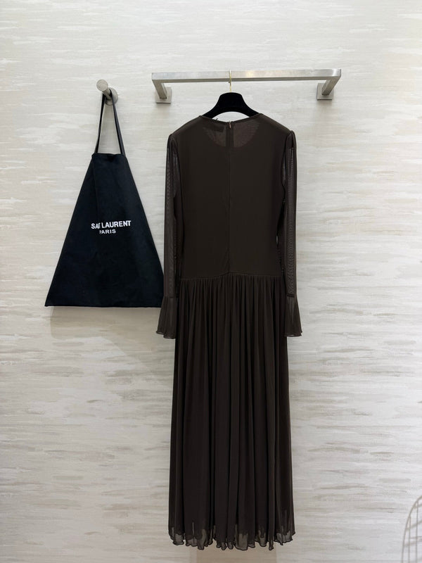 YSL 26S Pleated Silk Georgette Maxi Dress 428211