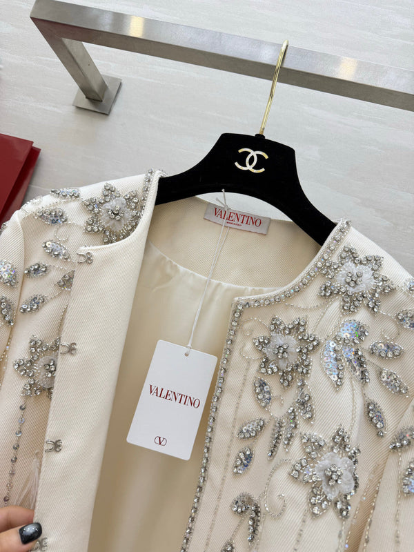 VLTN 26S White Crystal Embellished Feather Tweed Jacket 428162