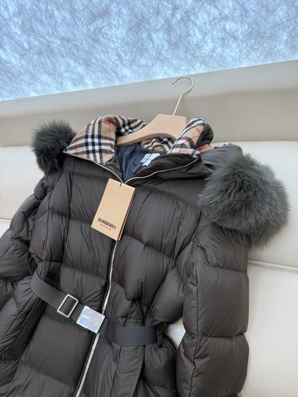 Burberry 25 Fur Collar Plaid Slim-fit Khaki Green Jacket Polyester Down