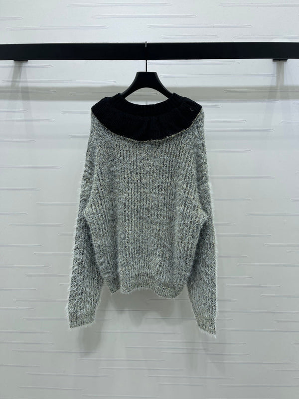 Chanel 2025 Ruffled Collar Shimmering Sweater Gray Black Polyester Wool 319566