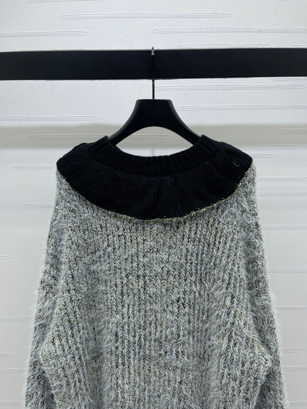 Chanel 2025 Ruffled Collar Shimmering Sweater Gray Black Polyester Wool 319566