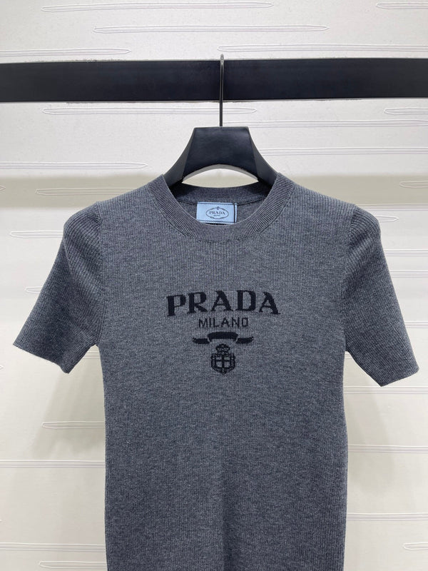 Prada Round Neck Knit Short-Sleeve Top Slate Gray Wool 351042