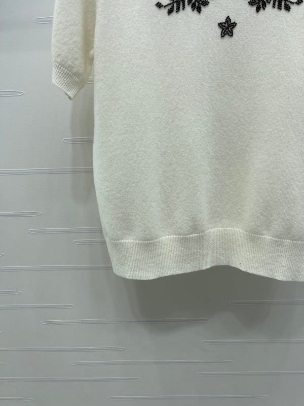 CD SS26 Beaded Floral Knit Top Ivory Wool 351068