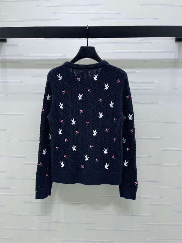 CD SS26 Crew Neck Embroidered Knit Cardigan Navy Blue Cashmere 351073