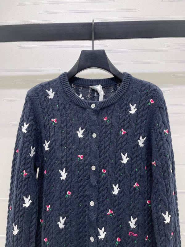 CD SS26 Crew Neck Embroidered Knit Cardigan Navy Blue Cashmere 351073