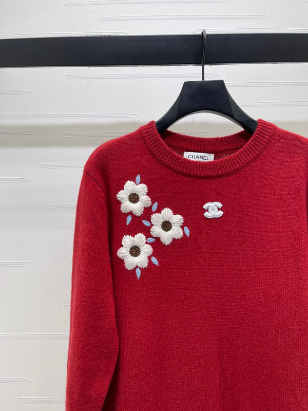 Chanel Floral Patterns Red Sweater Embroidered 340997