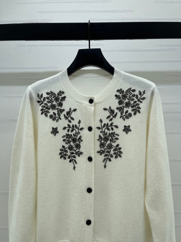 CD SS26 Beaded Floral Cardigan Ivory Wool 351064