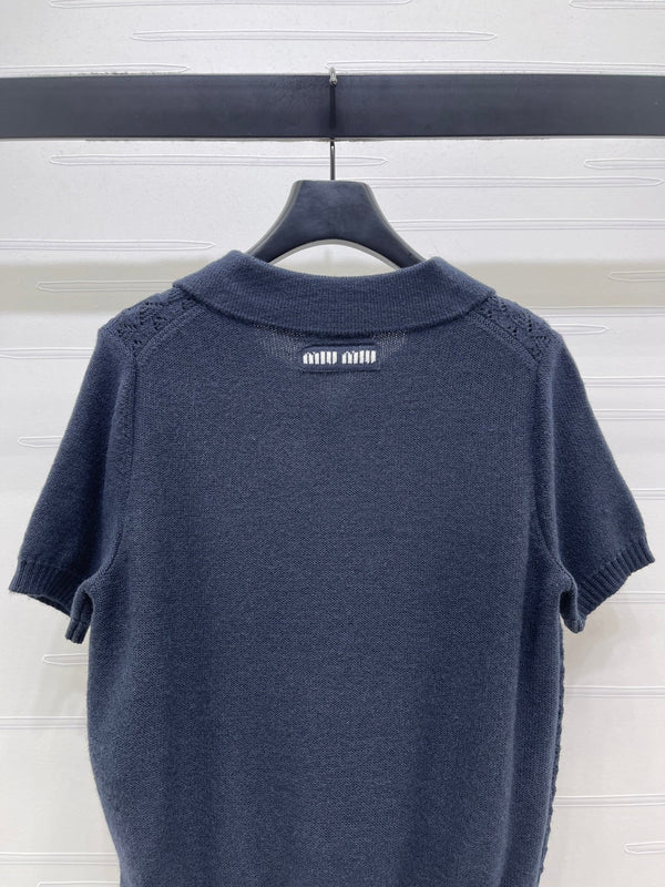 Miu Polo Half-Open Short-Sleeved Top Navy Blue Knit 343436
