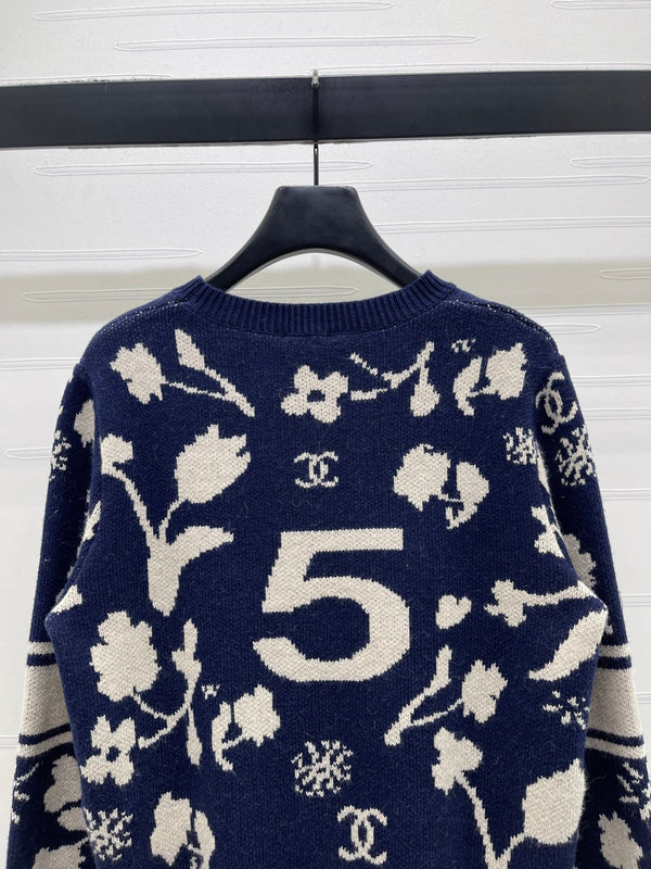 CC Double C Floral Jacquard Long-Sleeved Sweater Navy Blue Cashemere 344097