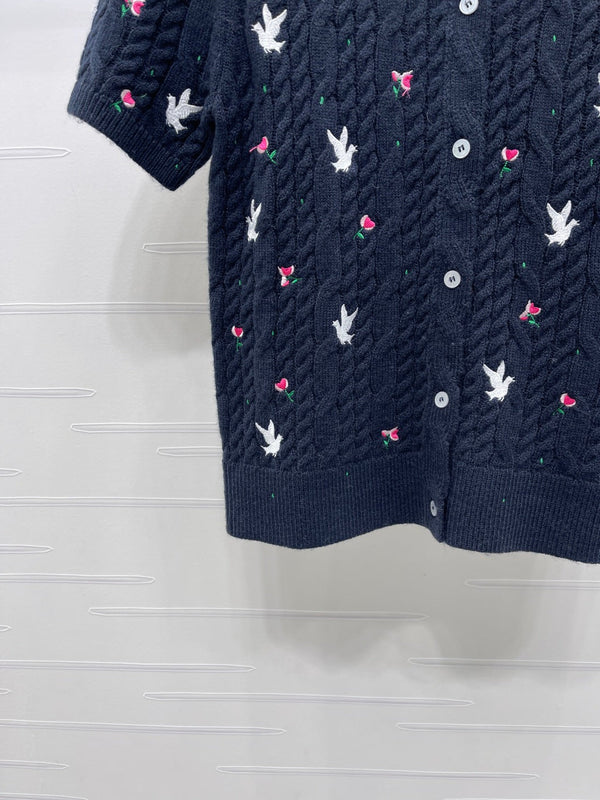 CD SS26 Embroidered Knit Polo Shirt Bird Rose Navy Blue Cashmere 351083