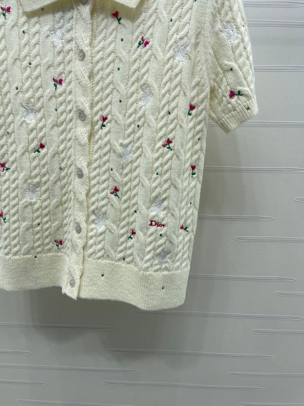 CD SS26 Embroidered Knit Polo Shirt Bird Rose Ivory Cashmere 351082