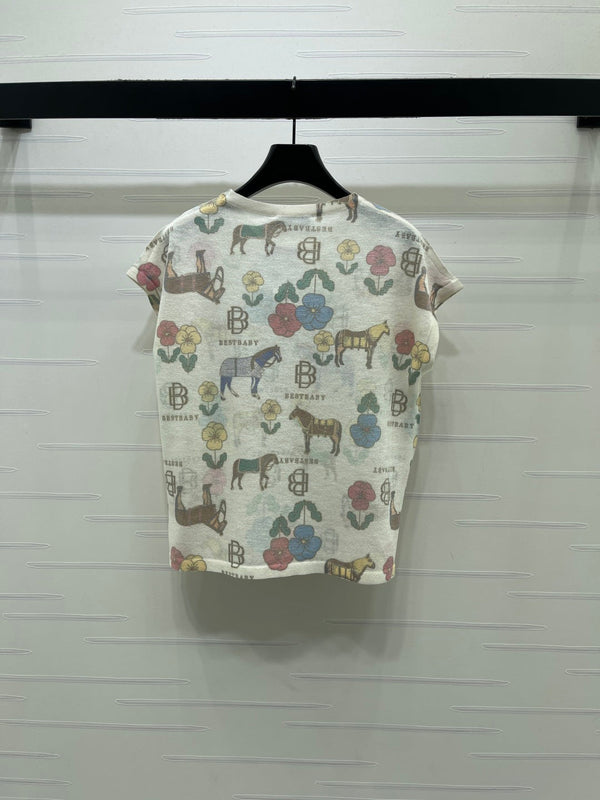 CD Short-Sleeved Top Floral Animal Pattern Cream Cotton 380762