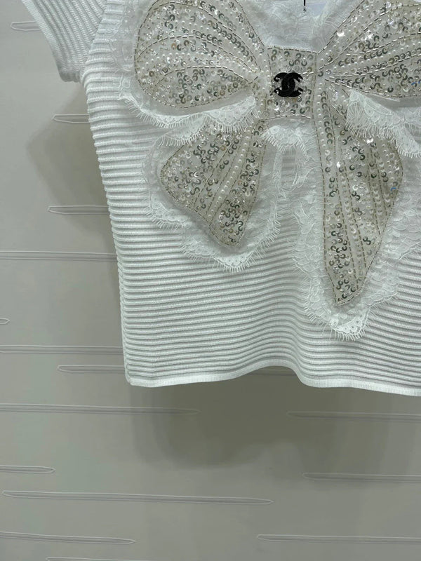 CC 2026 Lace Sequin Bow Knit Short-Sleeve T-Shirt Viscose 390731