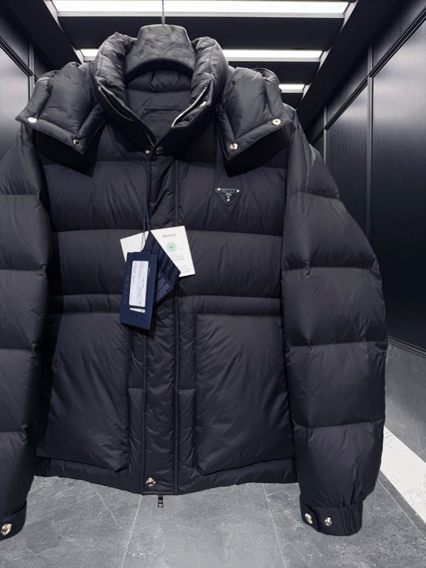 Prada 2025 Quilted Hooded Jacket Black Nylon Down