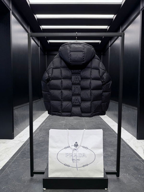 Prada 2025 Quilted Hooded Jacket Black Nylon Down