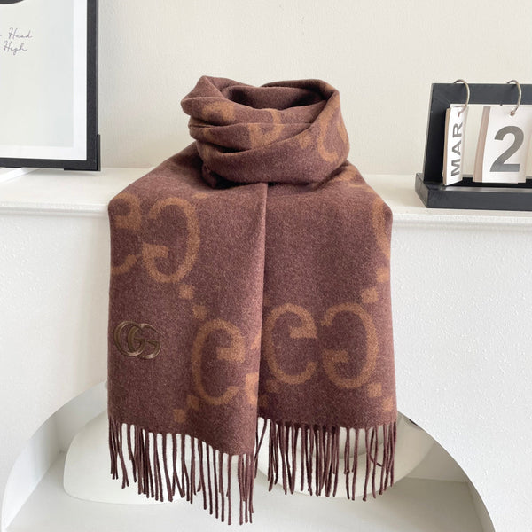 GG Houndstooth Scarf 180CM Brown Cashmere 288179