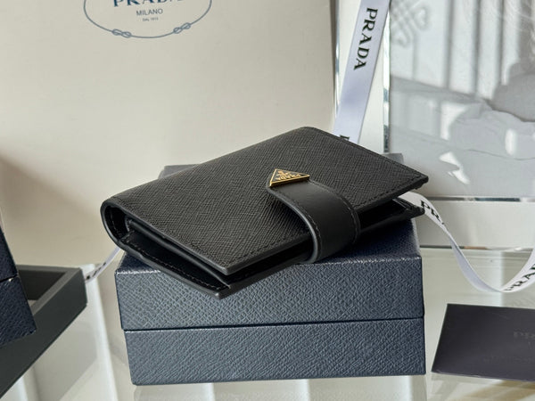 Pra 1MV204 Small Wallet Black Gold Tone Saffiano & Smooth Leather