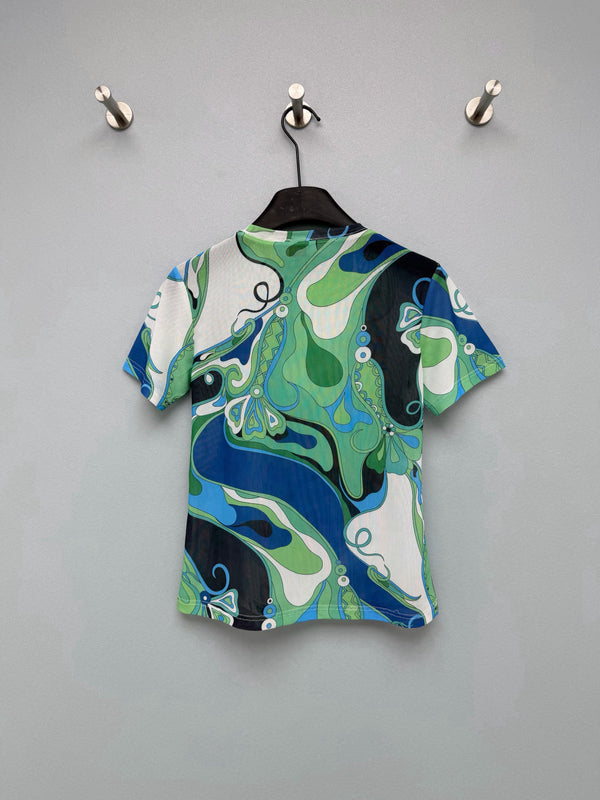 Pucci 26s Short-Sleeve T-Shirt Green Blue Cotton Polyester 371728