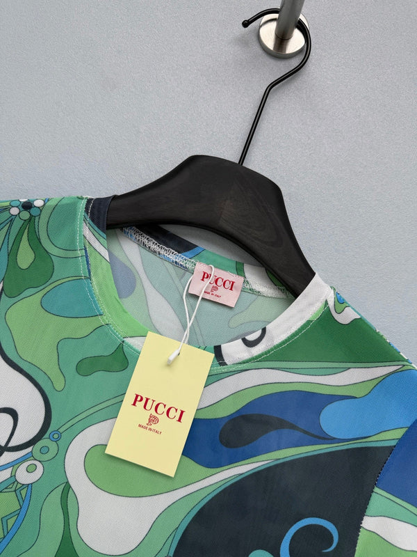 Pucci 26s Short-Sleeve T-Shirt Green Blue Cotton Polyester 371728