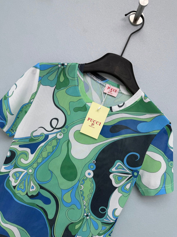 Pucci 26s Short-Sleeve T-Shirt Green Blue Cotton Polyester 371728
