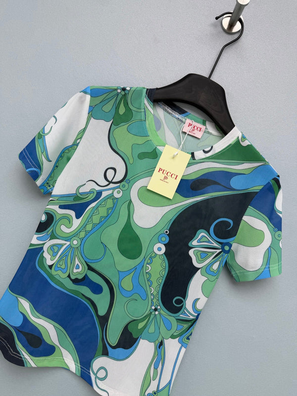 Pucci 26s Short-Sleeve T-Shirt Green Blue Cotton Polyester 371728