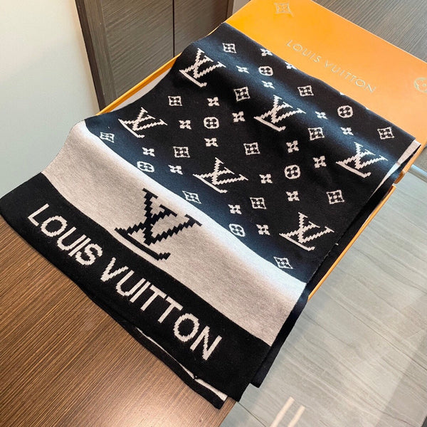 LV 25s Scarf 200cm Black Light Gray Cashmere 973132
