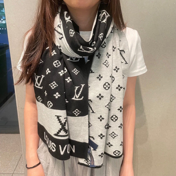 LV 25s Scarf 200cm Black Light Gray Cashmere 973132