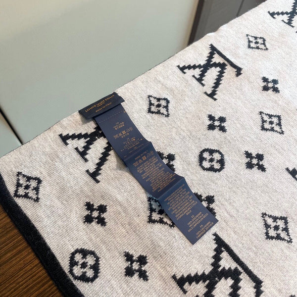 LV 25s Scarf 200cm Black Light Gray Cashmere 973132